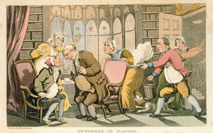 ウィリアム・クームによる「絵の具を求めてのシンタックスのツアー」の1812年発行の「シンタックス・イン・デンジャー」（アクアチント） 作： Thomas Rowlandson